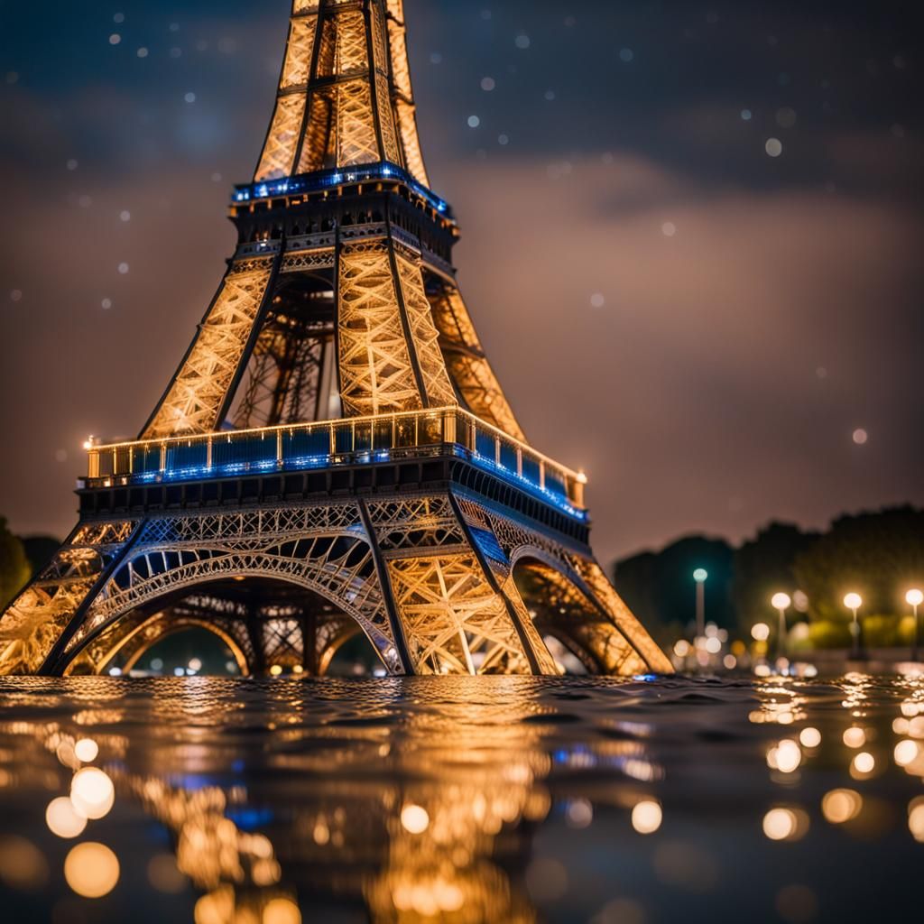 Ultra detailed, the Eiffel Tower almost fully submerged in w...