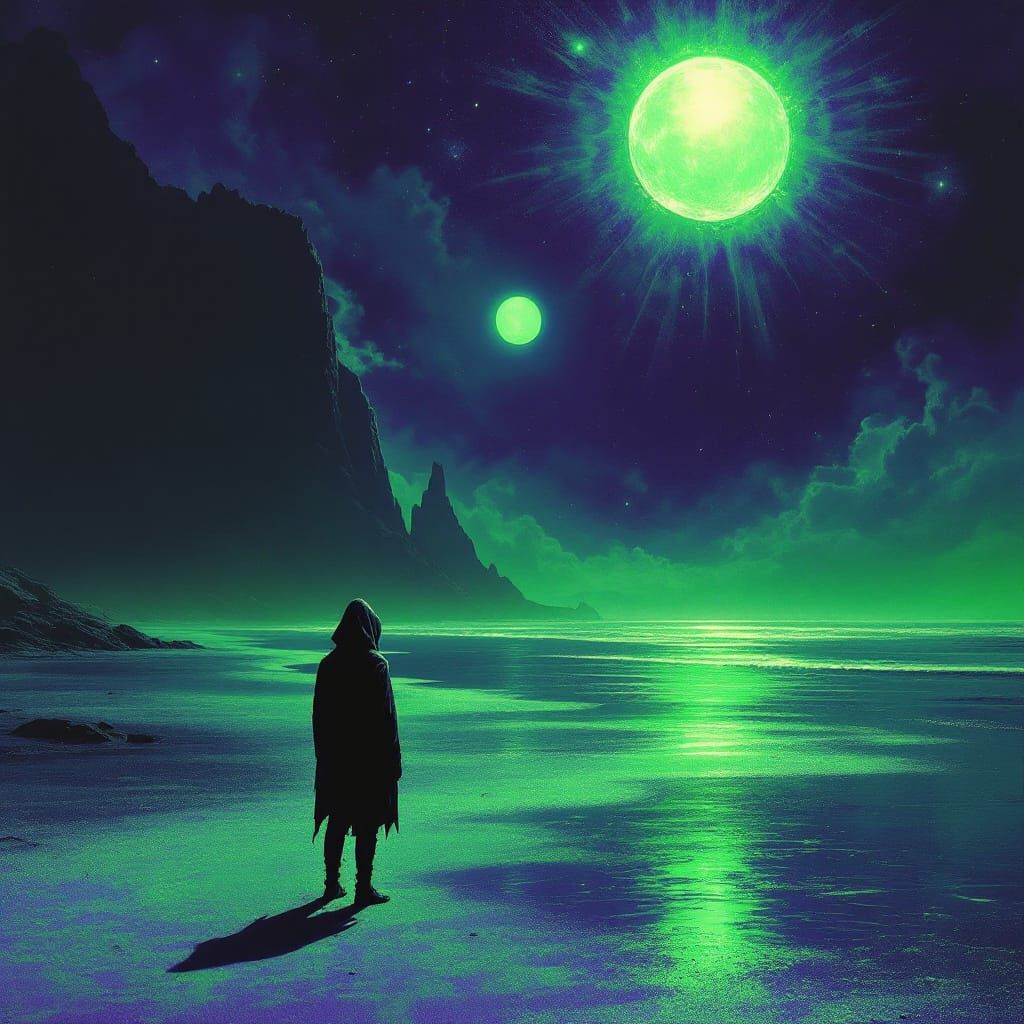 Emerald Sands and Purple Sea Under Twin Suns