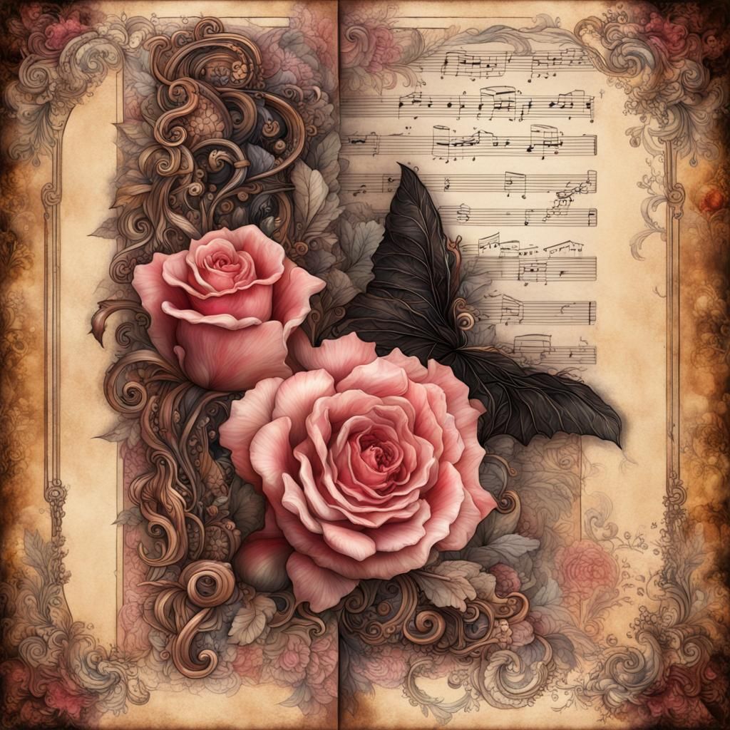 Steampunk Notebook Page with Roses and Music