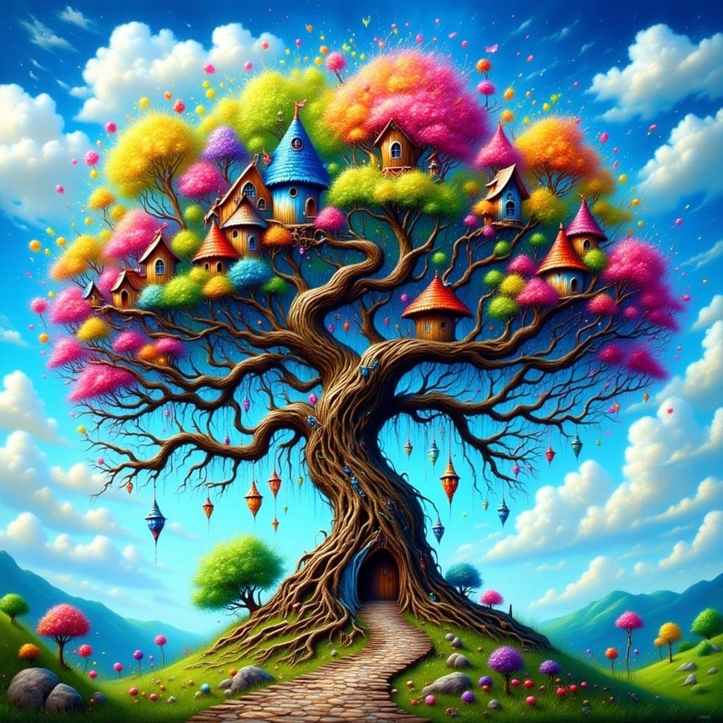 Vibrant Tree of Whimsy in a Brilliant Blue Sky