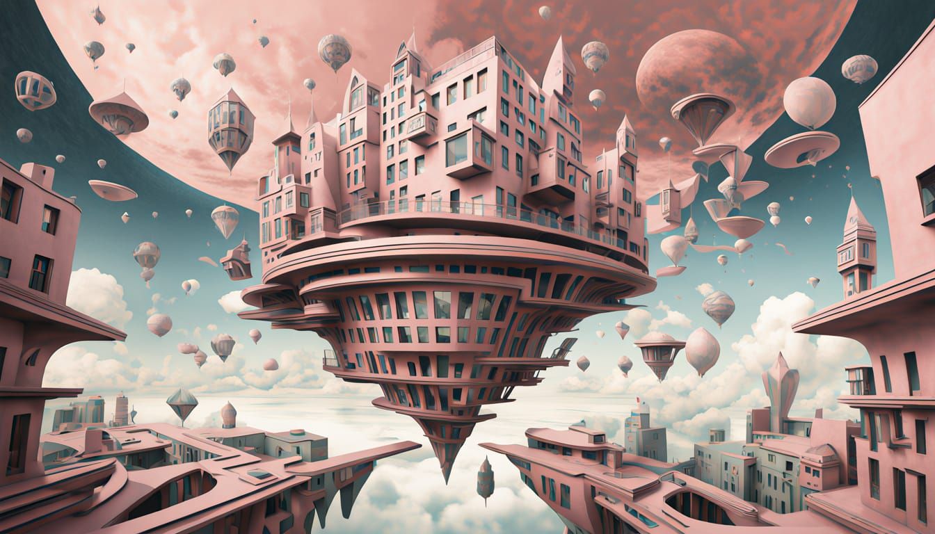 Surreal Cityscape with Upside-Down Walker