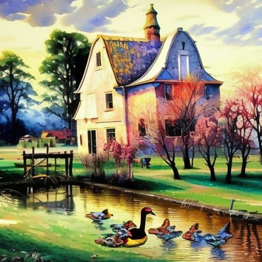 Watercolor Farmhouse in Retrofuturistic Style