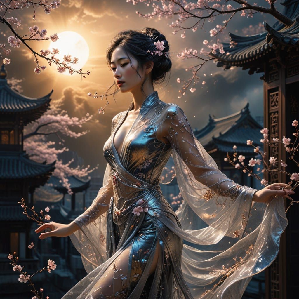 Exquisite Oriental Woman Stands Amidst Vibrant Cherry Blosso...