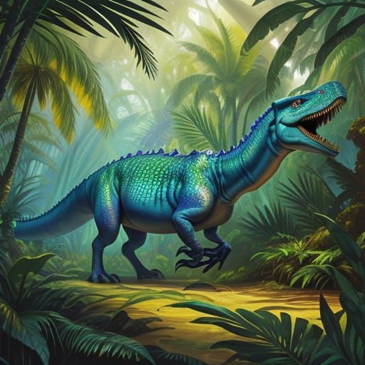 Vibrant Oil Painting of Dinosaur in Prehistoric Jungle