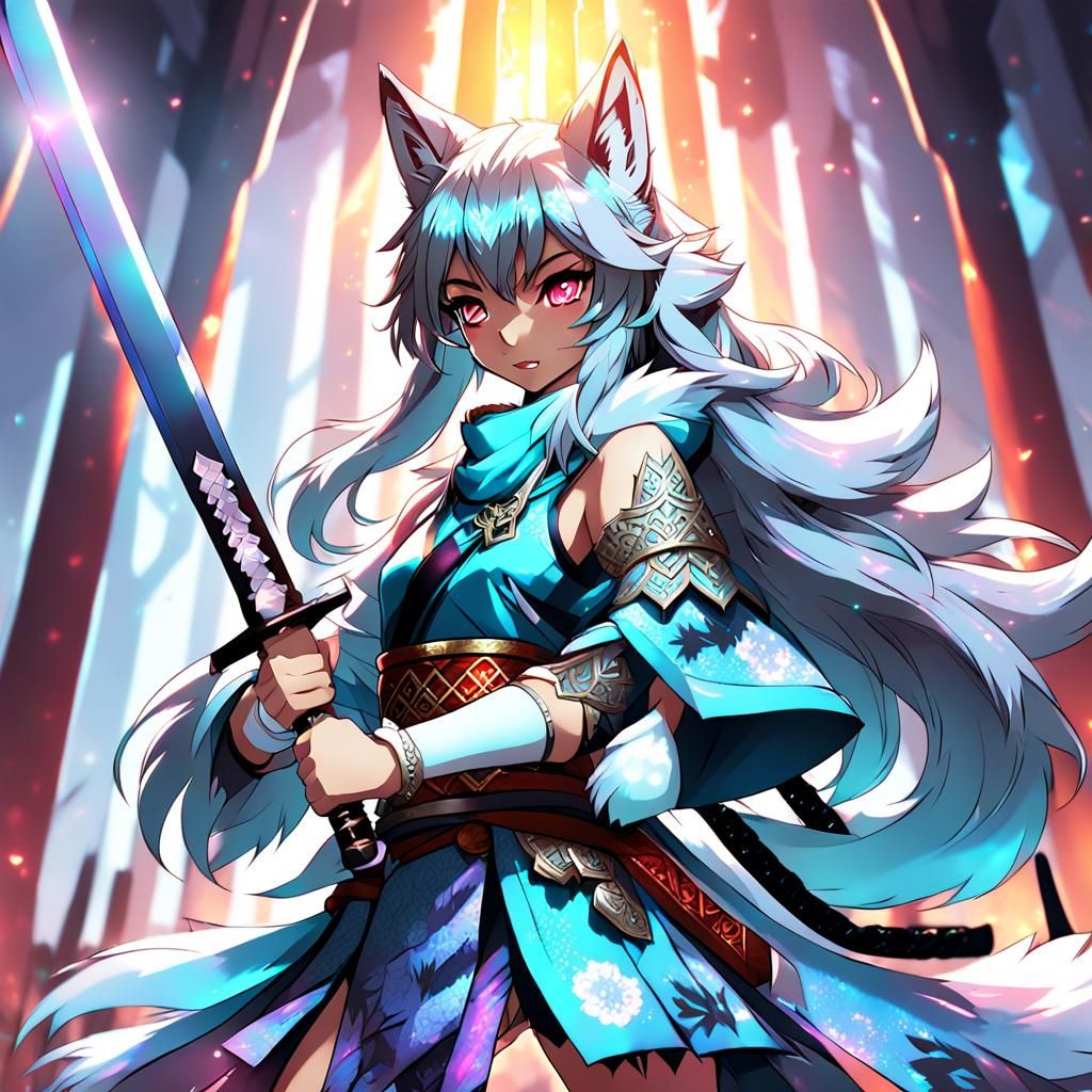 Anime Wolf Girl with Samurai Sword in Digital Art