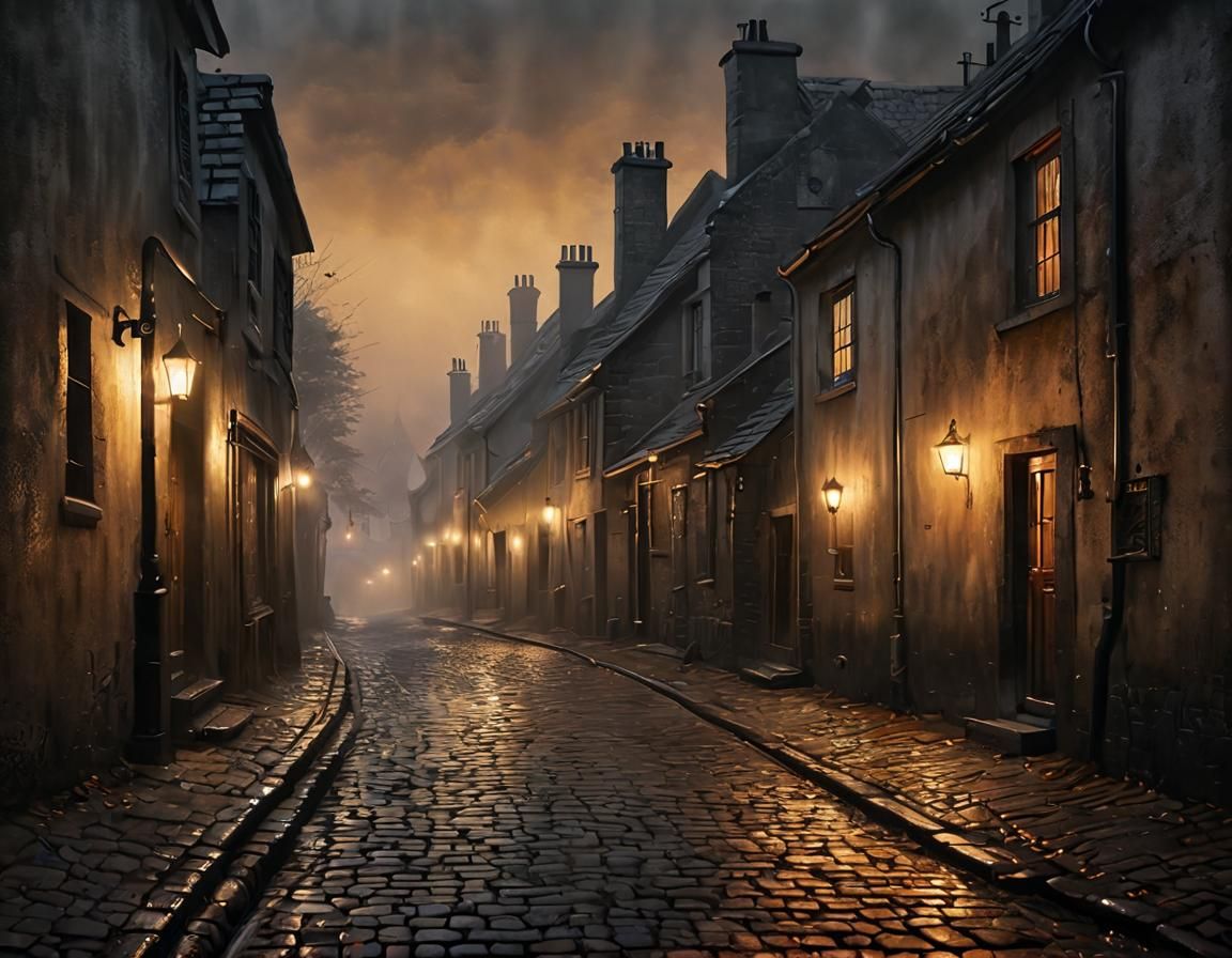 Misty Village Alley at Sunrise: Acrylic Painting