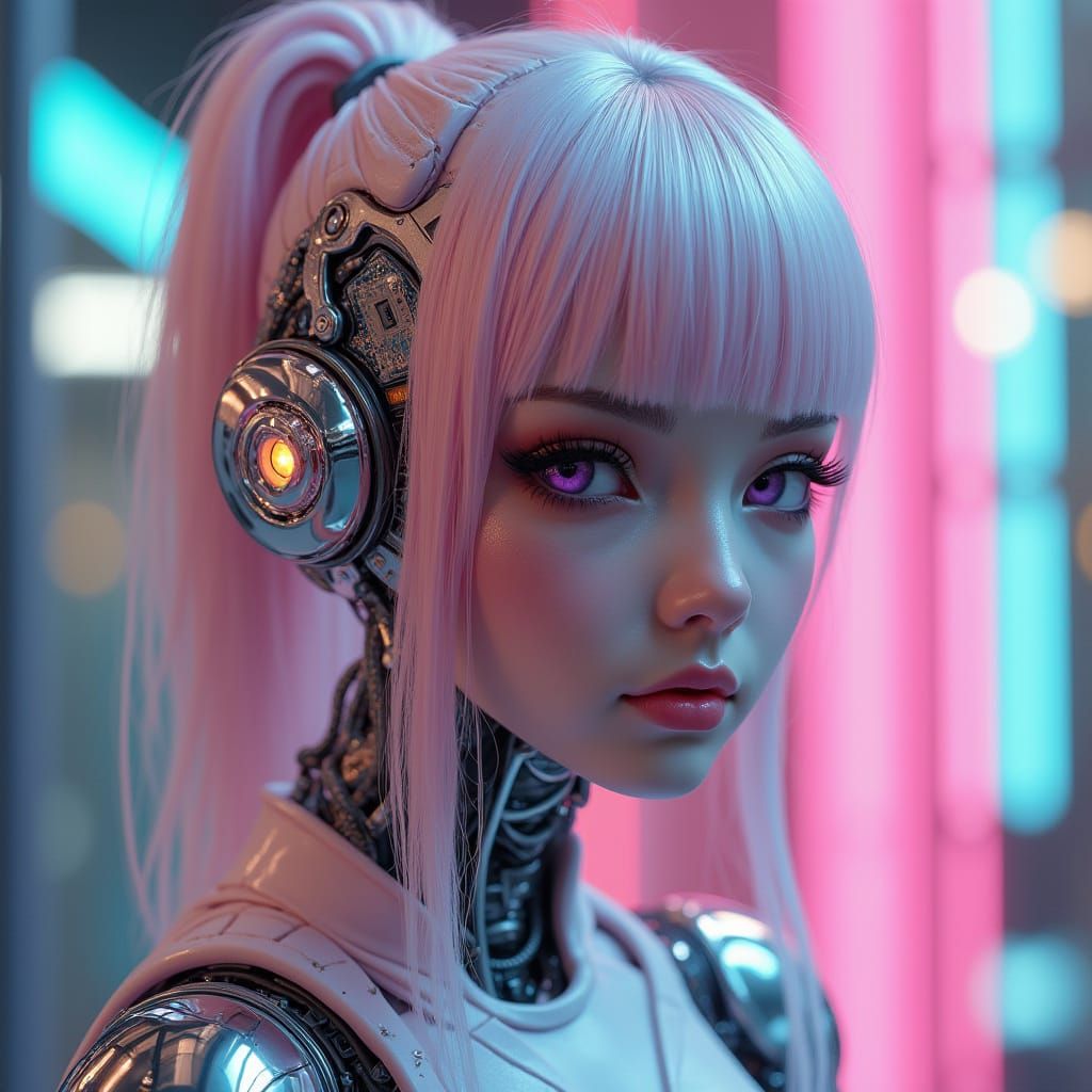 Cyberpunk Girl with Glowing Pink Eyes and Pastel Hair