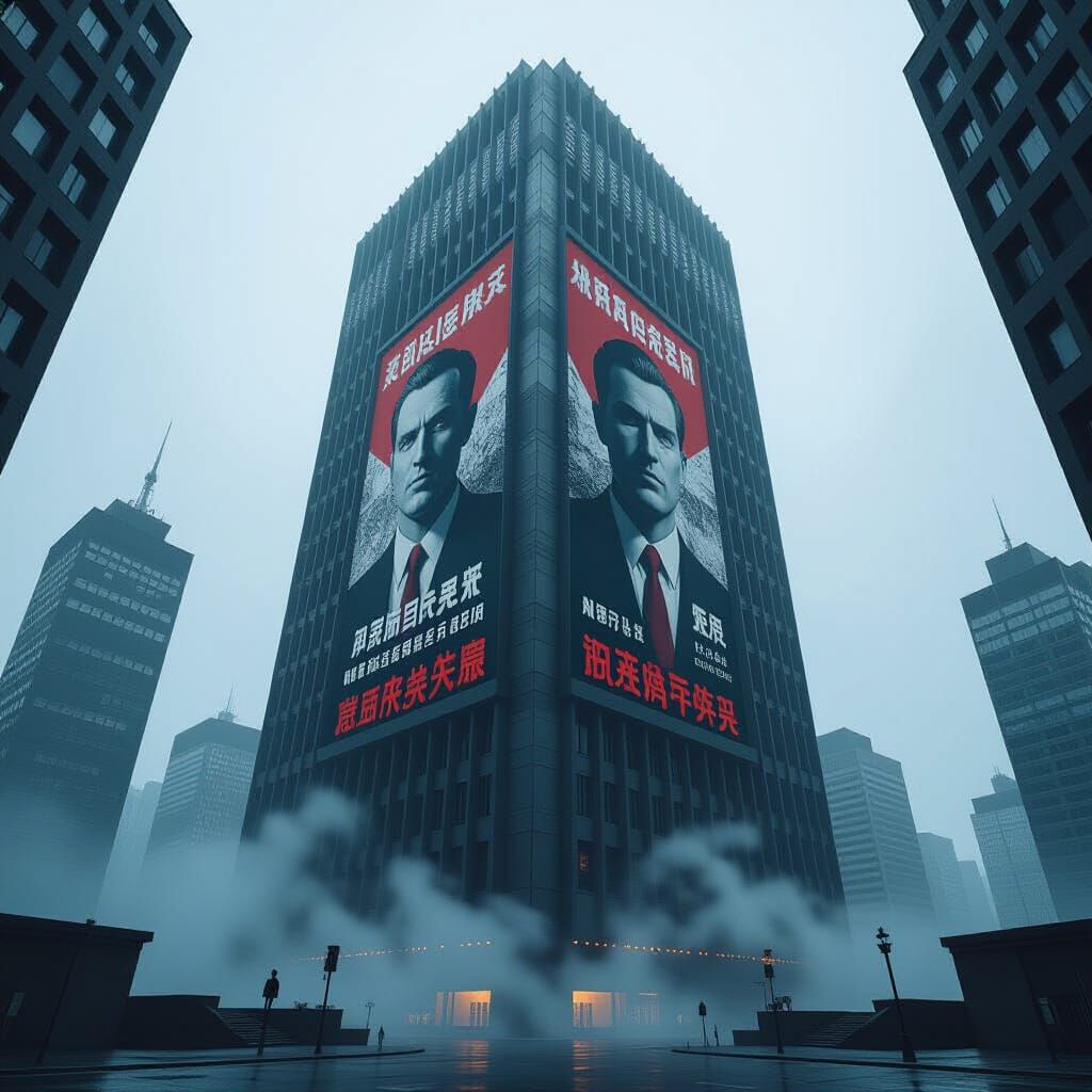 Brutalist Skyscraper with Propaganda Posters in Graphic Styl...