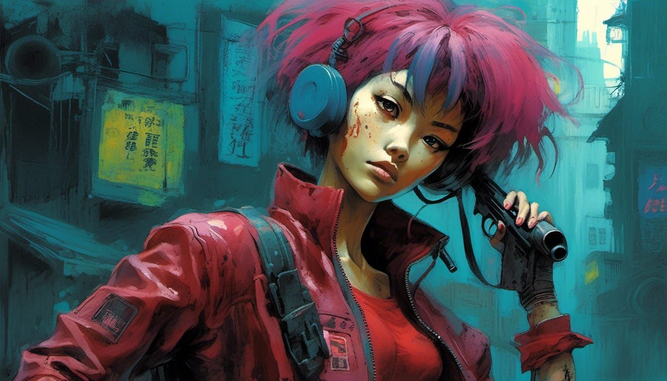 Cyberpunk Gangster Gunfight on Mars in Anime Style