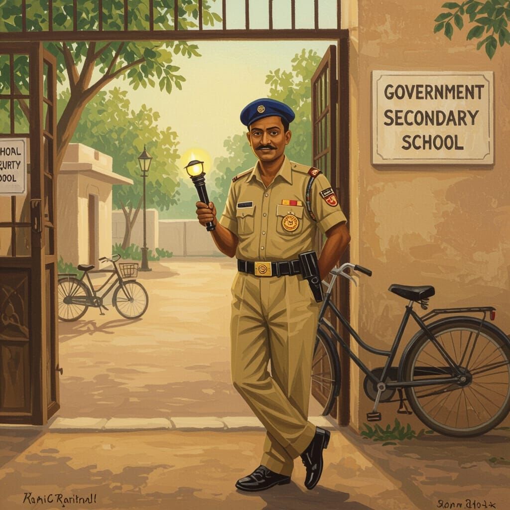 Indian Watchman with School Gate in Earthy Tones