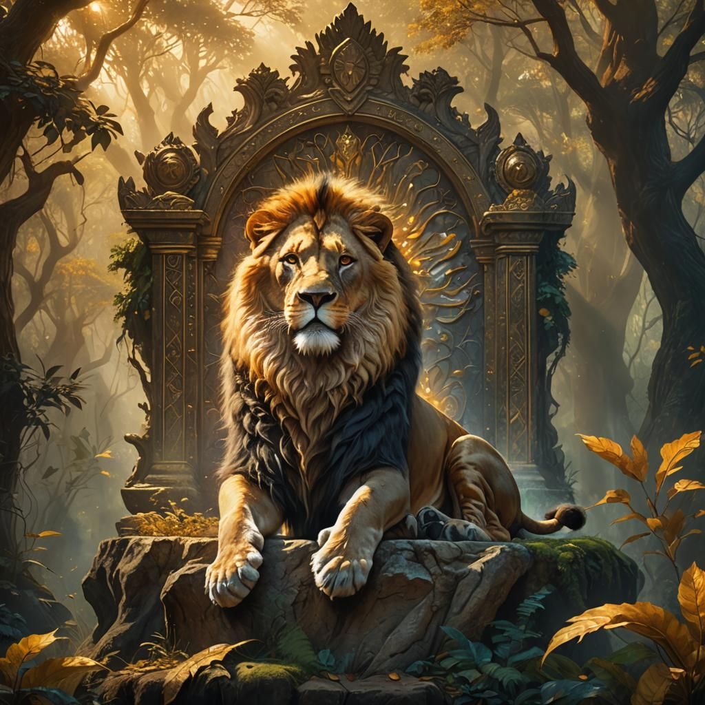 Lion King on Throne in Mystical Forest Oil Painting