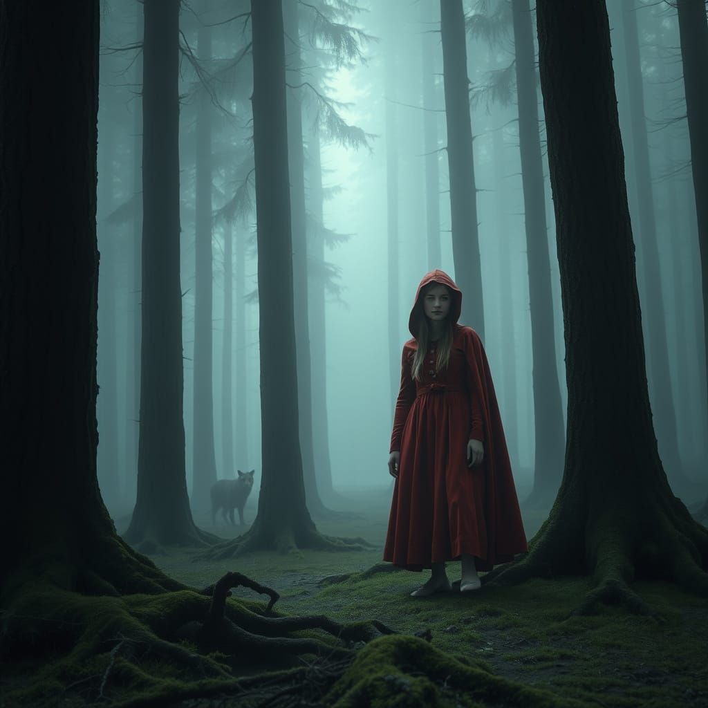 Red Riding Hood in Foggy Forest, Photorealistic Portrait