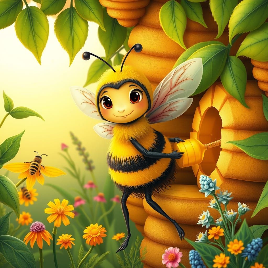Whimsical Bee Collects Honey in Sunny Meadow
