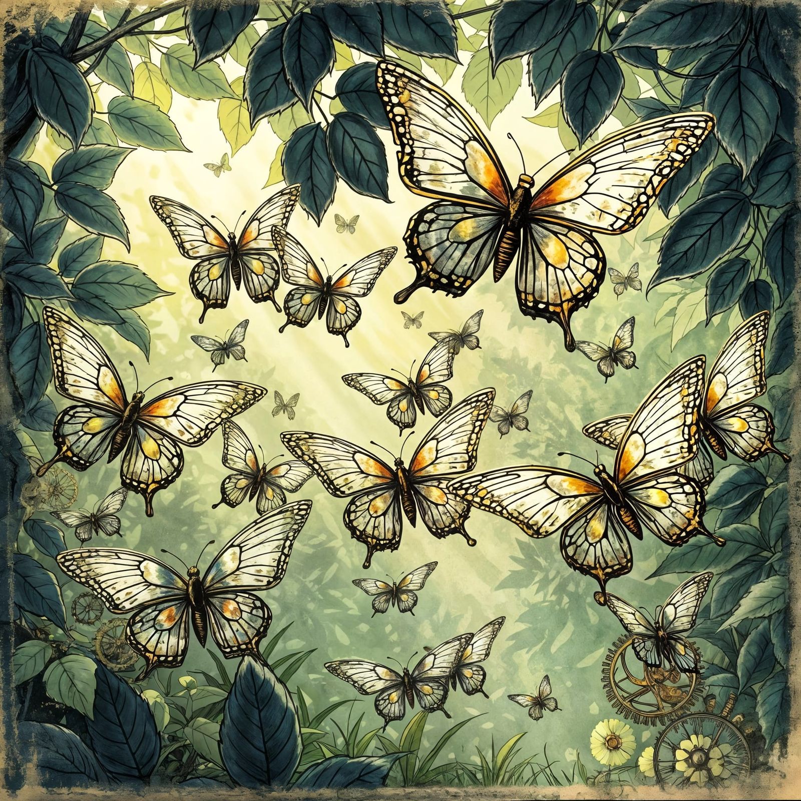 Mechanical Butterflies in Lush Garden, Art Nouveau Style