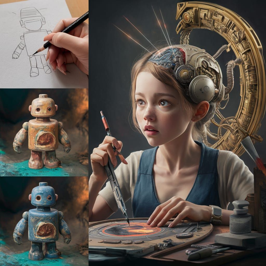 Artist Creating Robot Art in Retrofuturistic Style