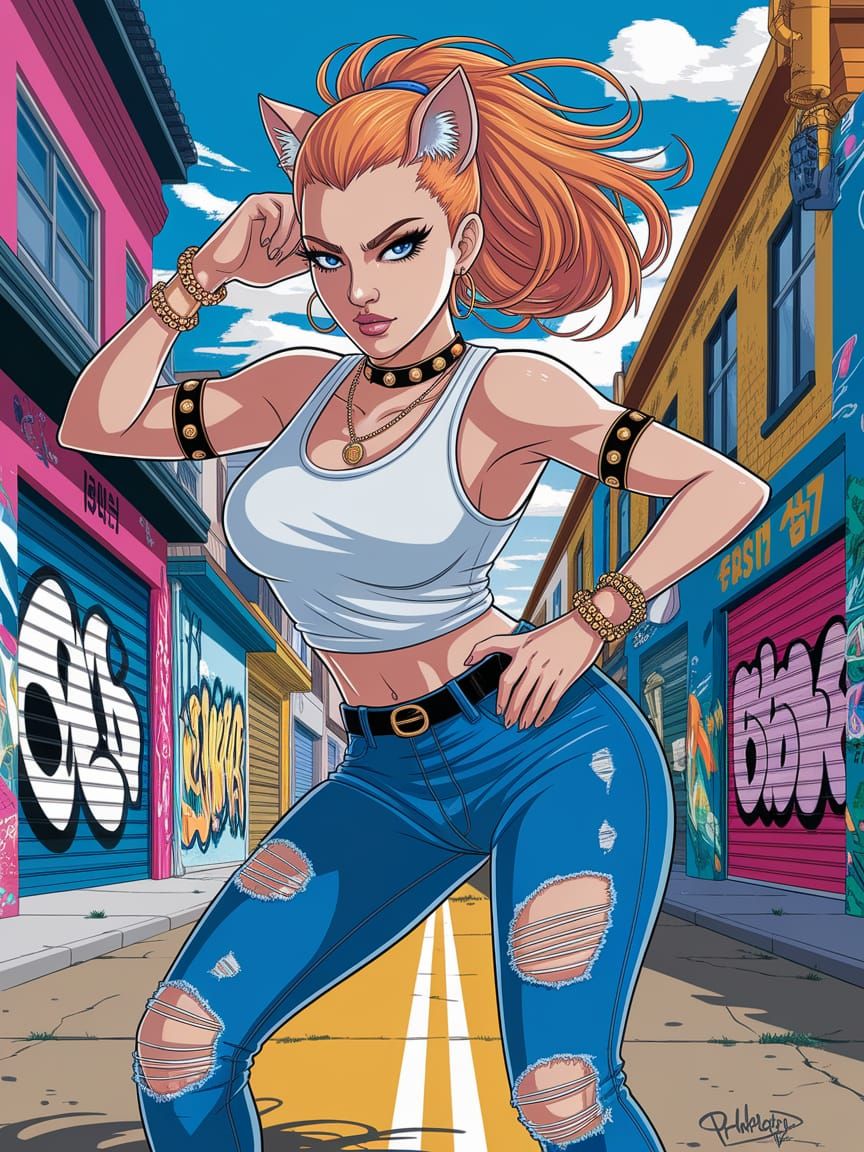 Dynamic Manga Illustration of Cat-Eared K-Pop Dancer