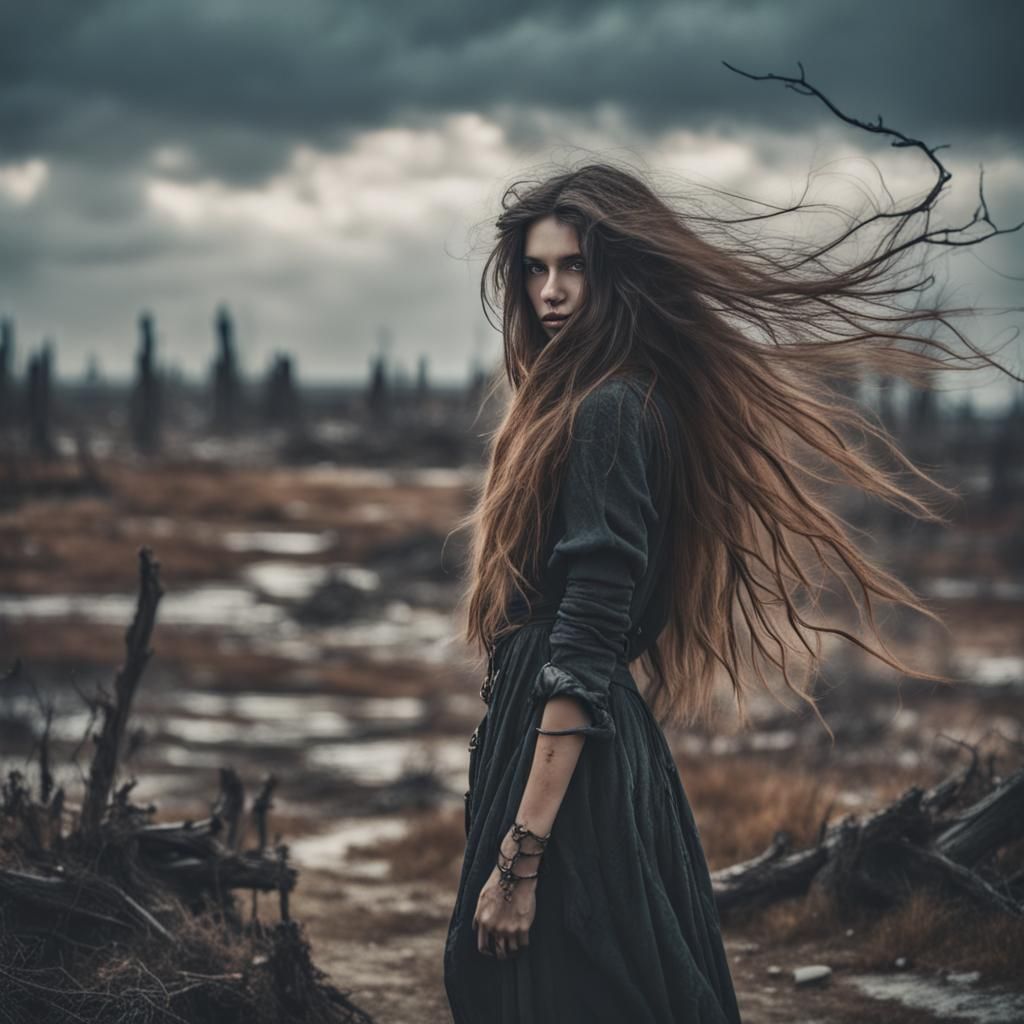 Enchanting Sorceress Wandering a Lovecraftian Hellscape