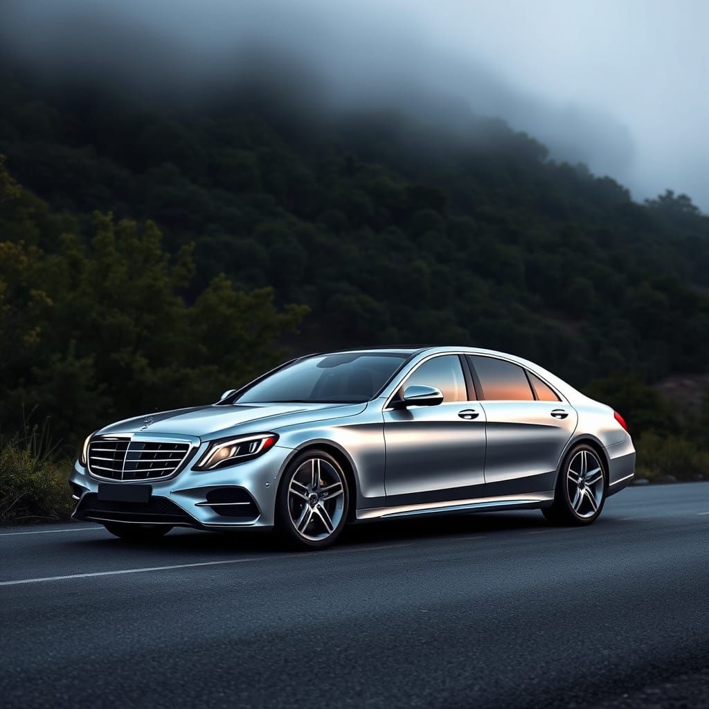 S-Class Mercedes-Benz on Misty Mountain Road