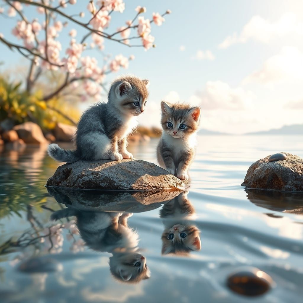 Whimsical Kitten Contemplates Springtime Reflection