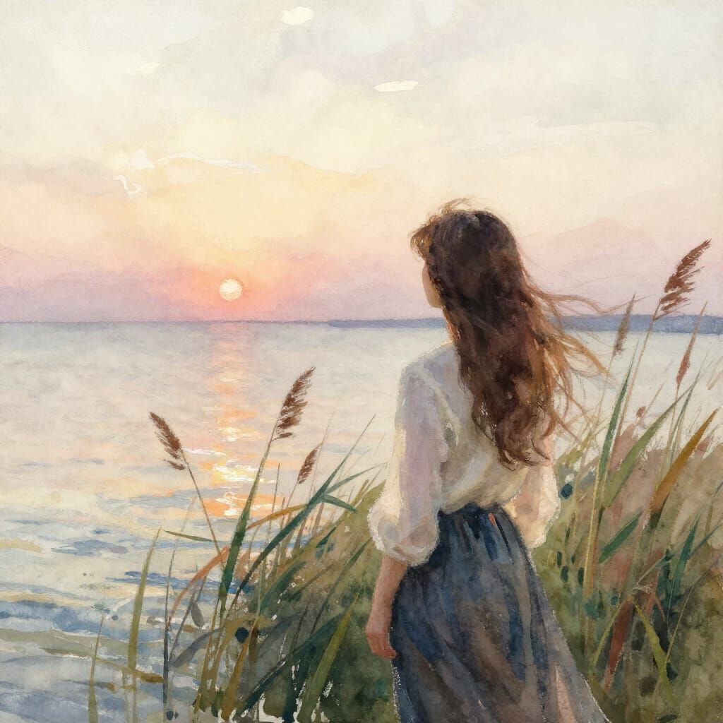 Watercolor Girl by Calm Sea Amidst Reeds