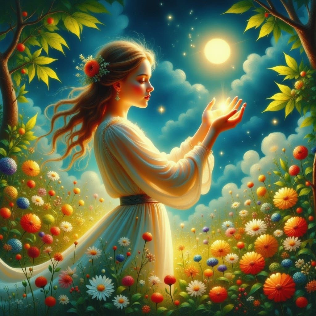 Woman Holding Firefly in Ethereal Watercolor Style