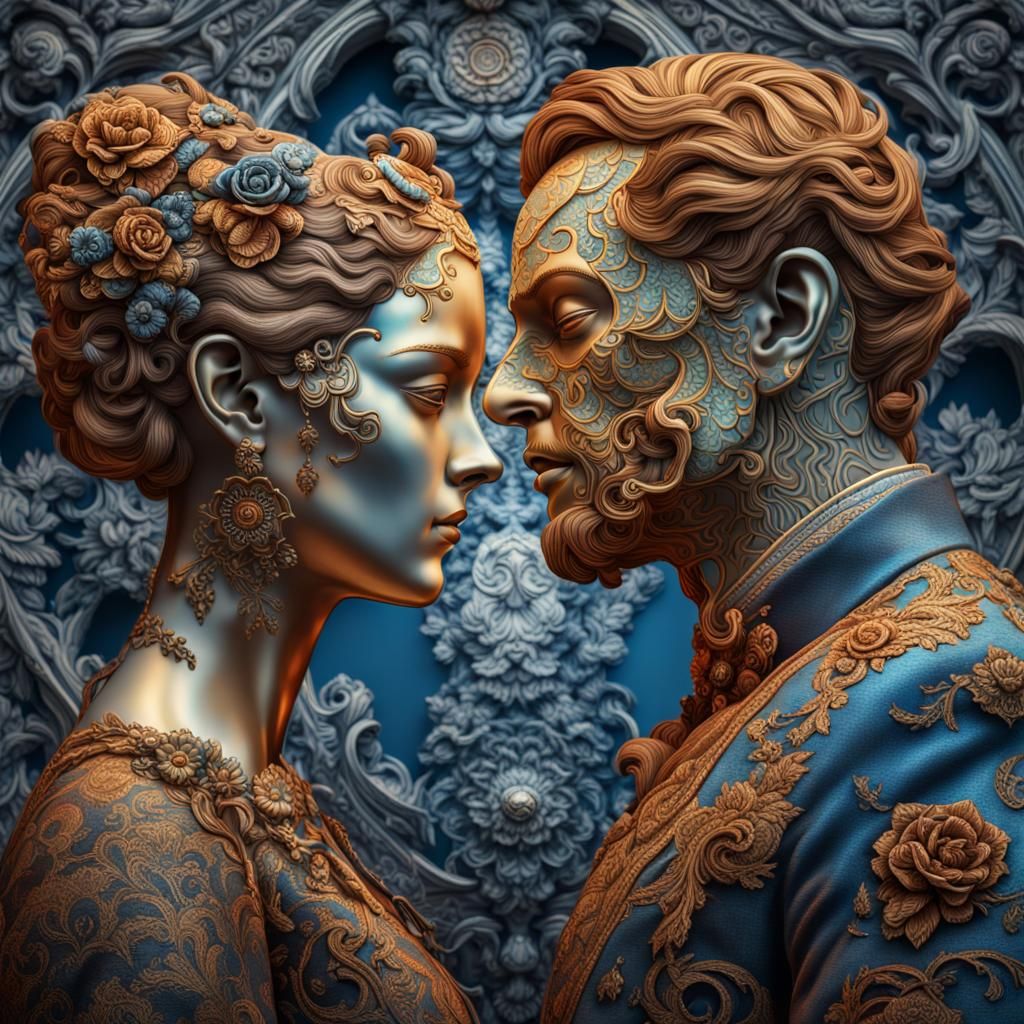 Romantic Embrace in Baroque Style, Detailed Mixed Media