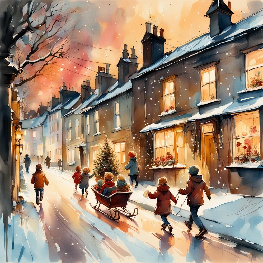 Snowy English Village Christmas Scene in Retro-Futuristic St...