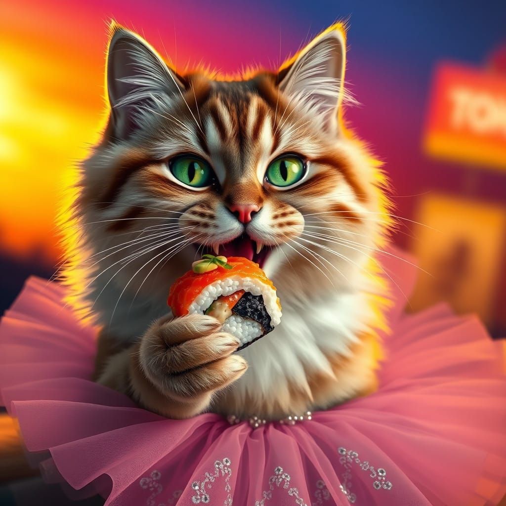 Regal Cat in Pink Tutu, Eating Sushi in Vibrant Tokyo Sunset
