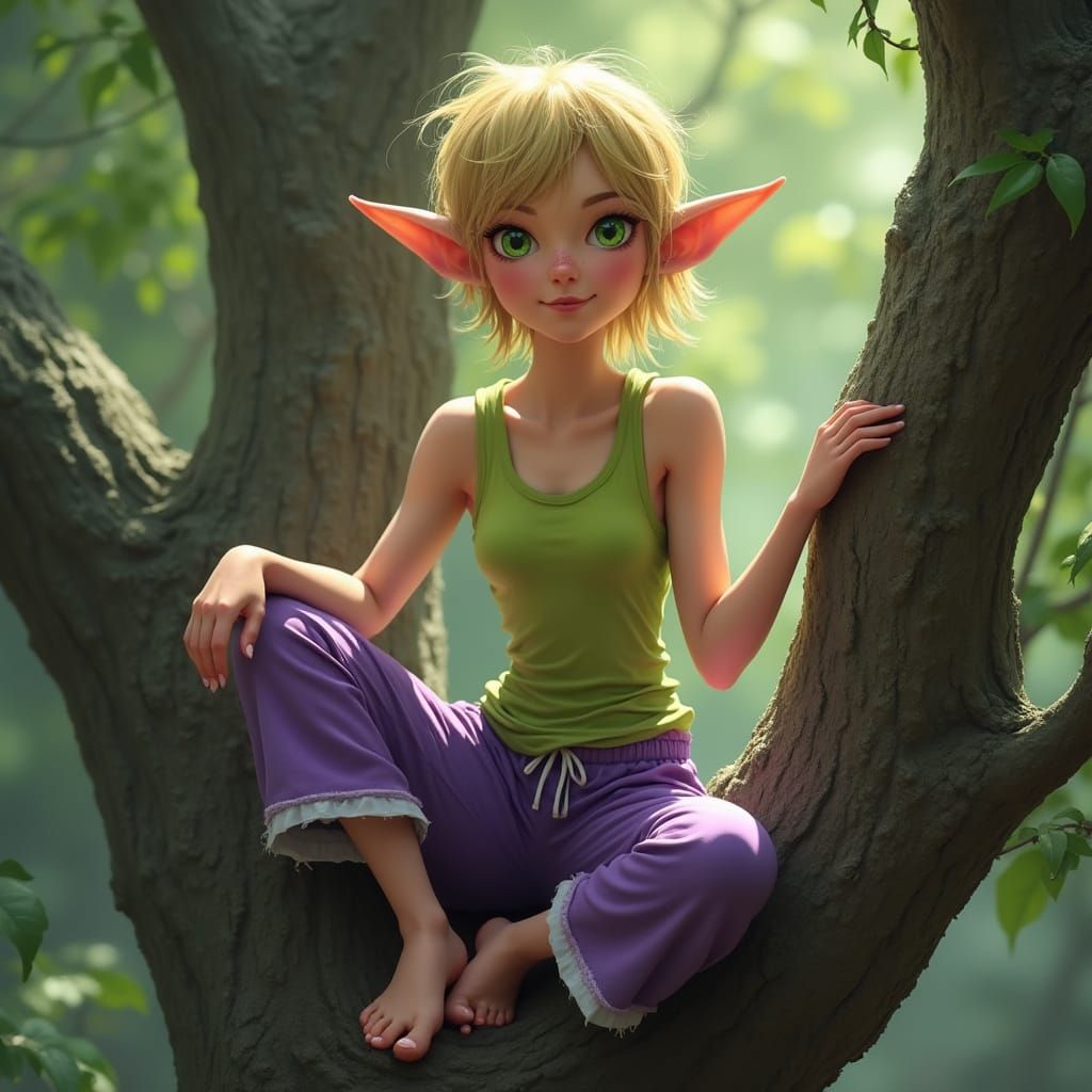 Ethereal Fantasy Girl Sits Serenely on a Gnarled Tree Limb