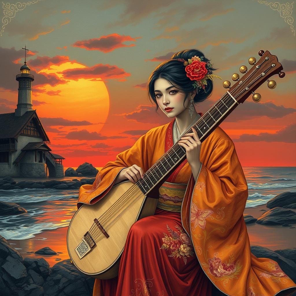 Japanese Princess Plays Sitar on Sunset Beach