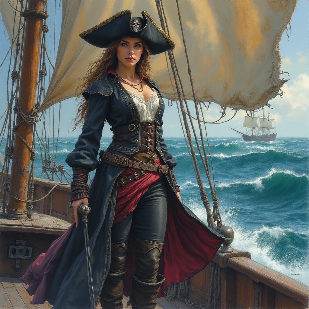 Pirate Queen on Ship Deck in Dramatic Lighting