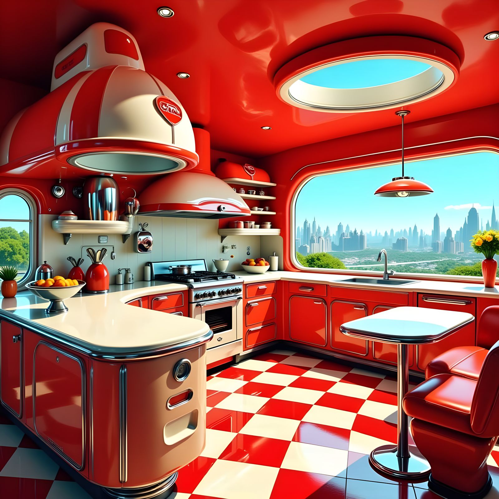 Retro Futuristic 1950s Kitchen in Gingham Patterns