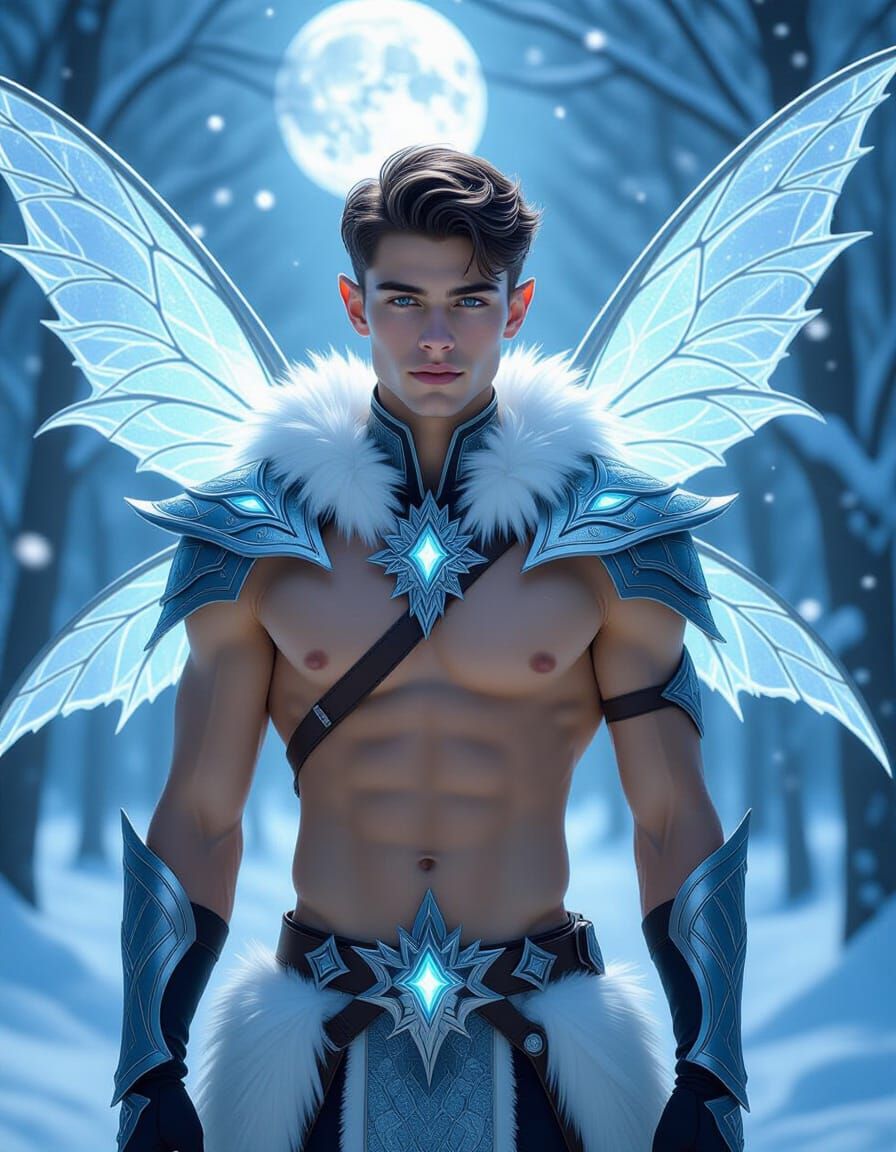 Male Ice Fairy in Winter Forest Digital Painting