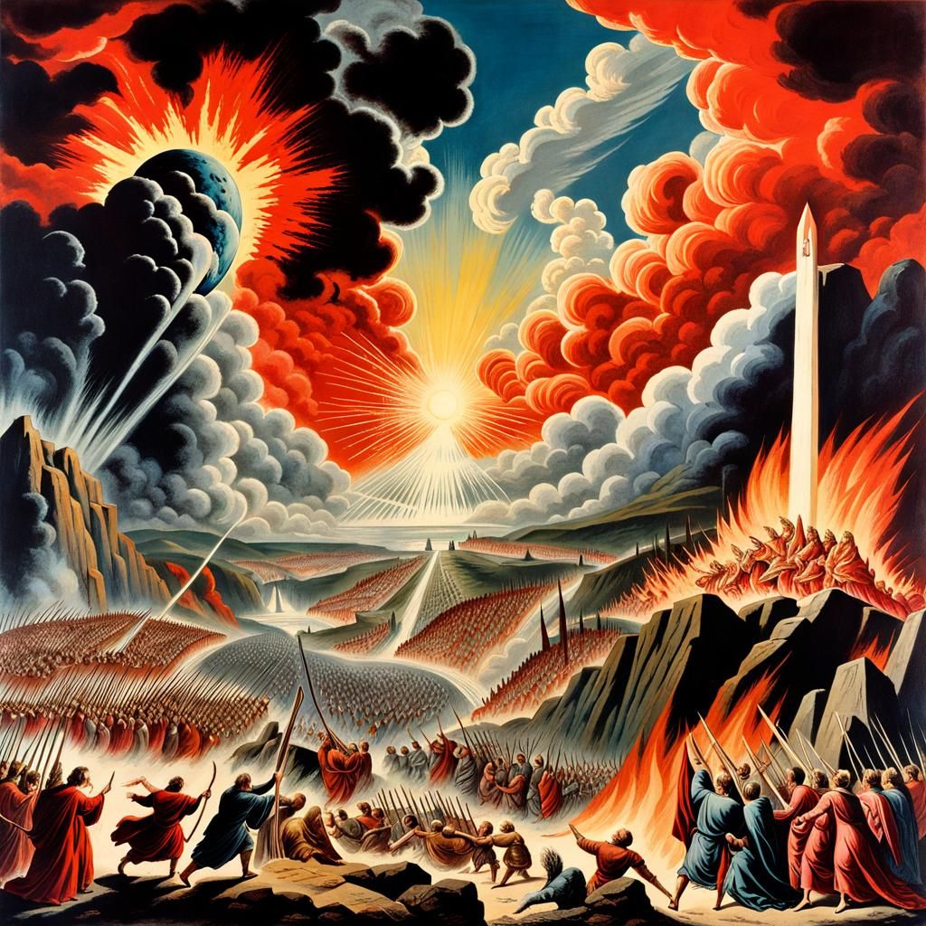 Apocalyptic Biblical Scene in Colorful Lithograph
