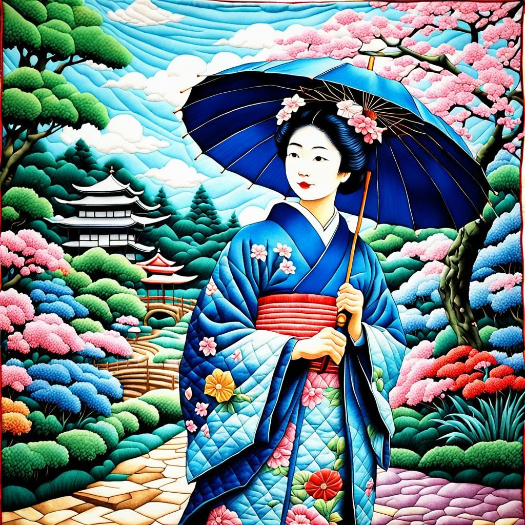 Quilted Tapestry of Japanese Lady in Garden
