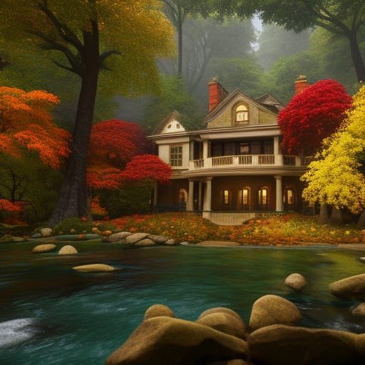 Ultra Realistic Mansion in Autumn Forest Landscape