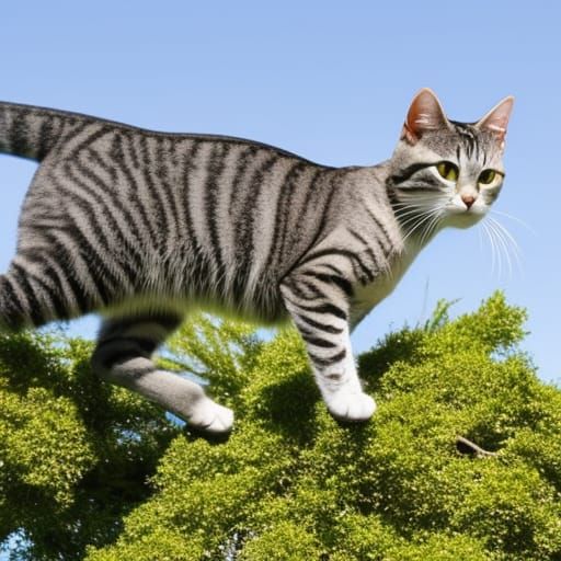 Silver Tabby Cat Leaping Into Oak Tree