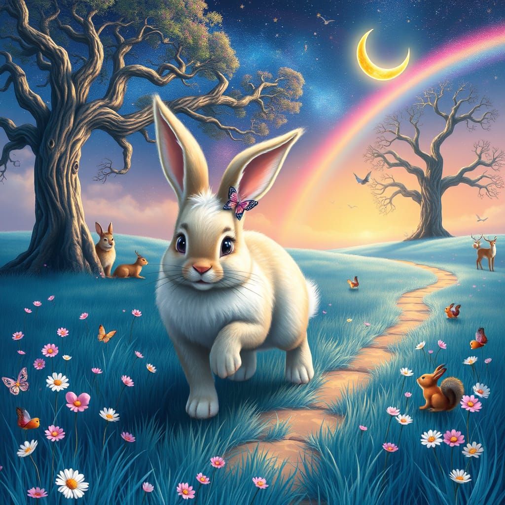 Whimsical Dream Landscape with Majestic Bunny