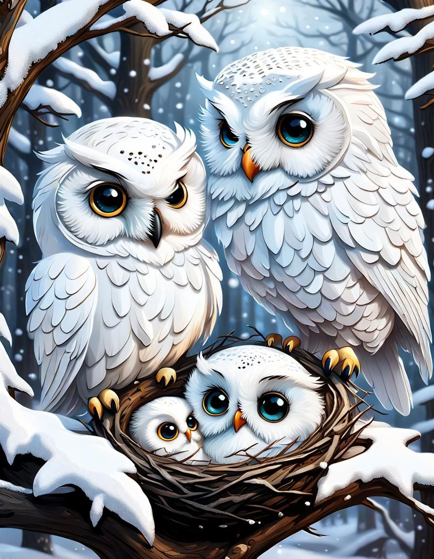Chibi Owl Family in Winter Wonderland