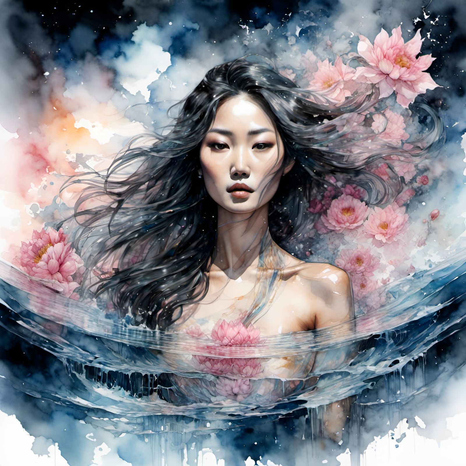 Asian Woman Double Exposure Portrait in Watercolor Style