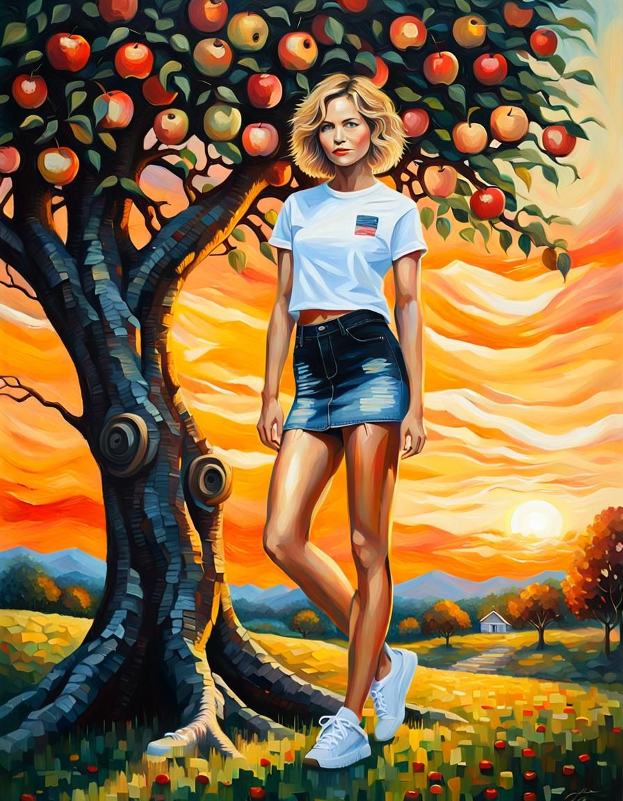 Blonde Woman in Denim Miniskirt, Oil Painting