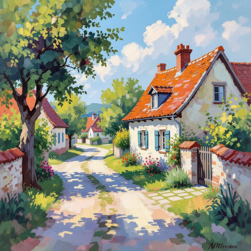 Country Yard in Gouache Style Impressionist Painting