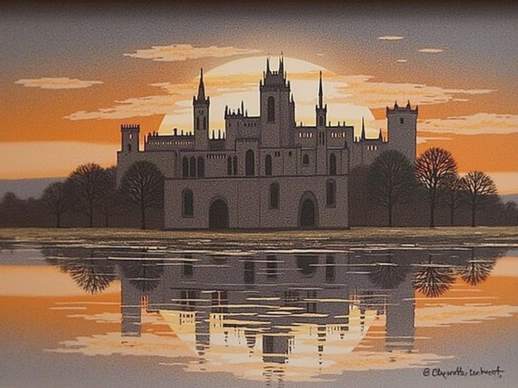 Surreal Cityscape Reflected in Sunset Lake