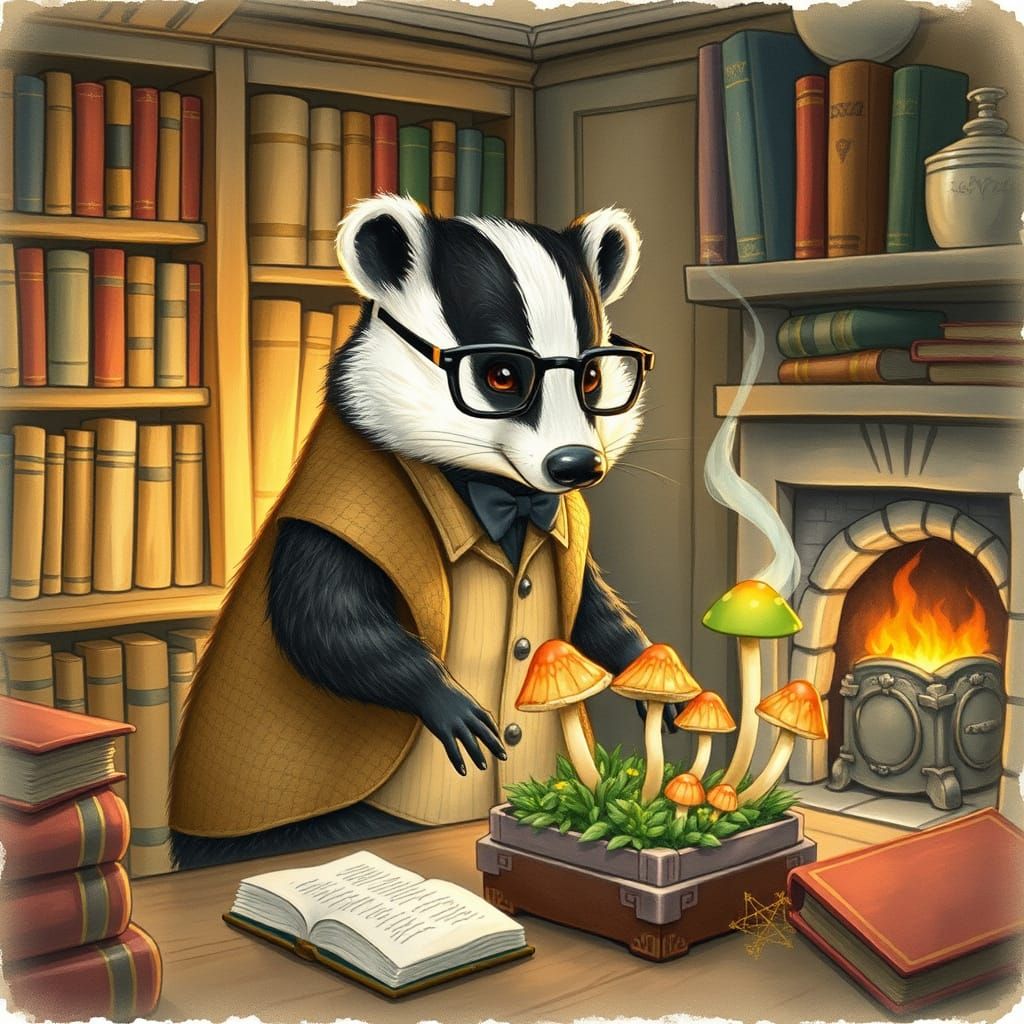 Badger Botanist in Cozy Study, Storybook Illustration