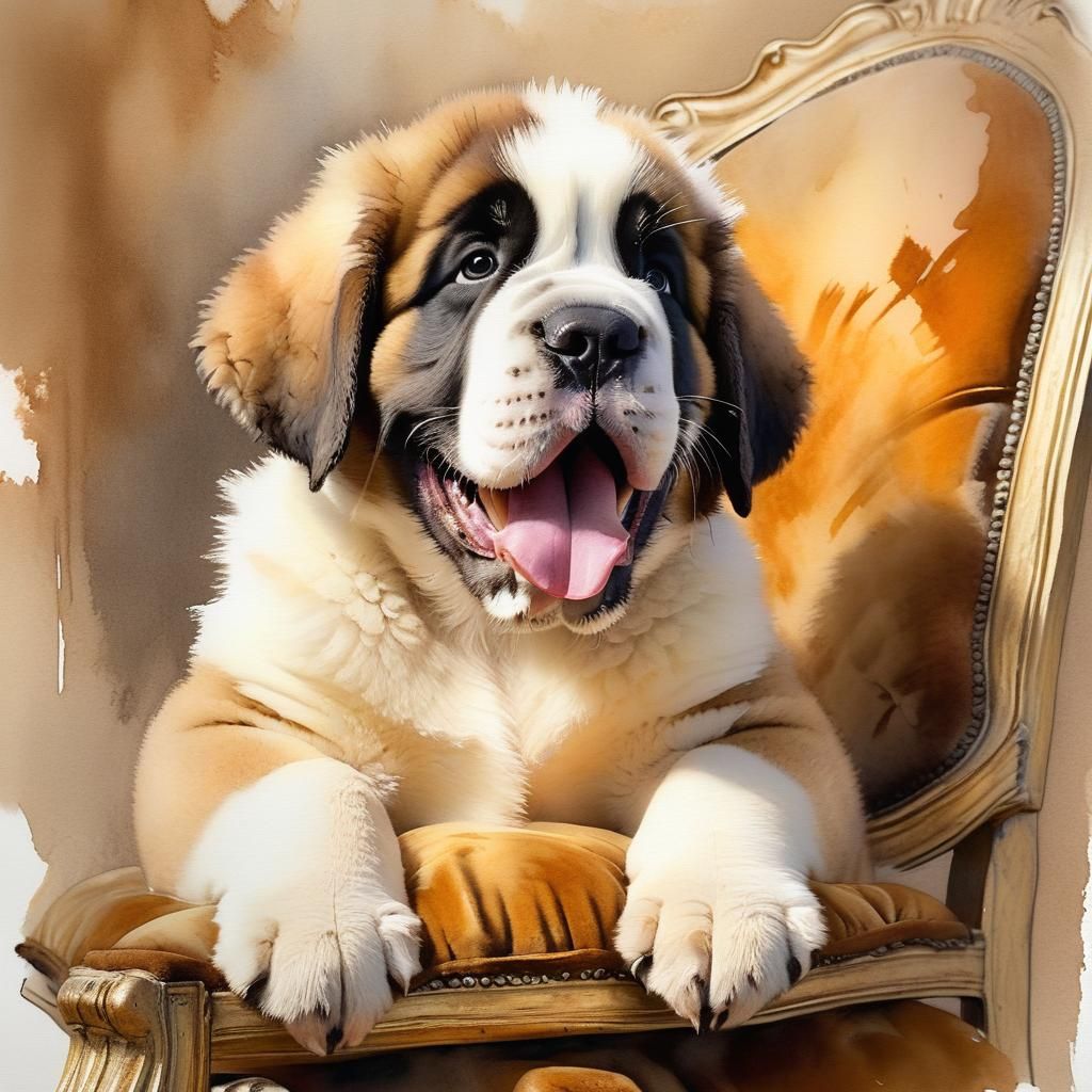 Watercolor Saint Bernard Puppy on Baroque Chair