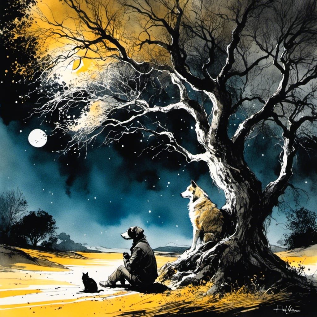 Figure Under Willow Tree in Comic Book Style