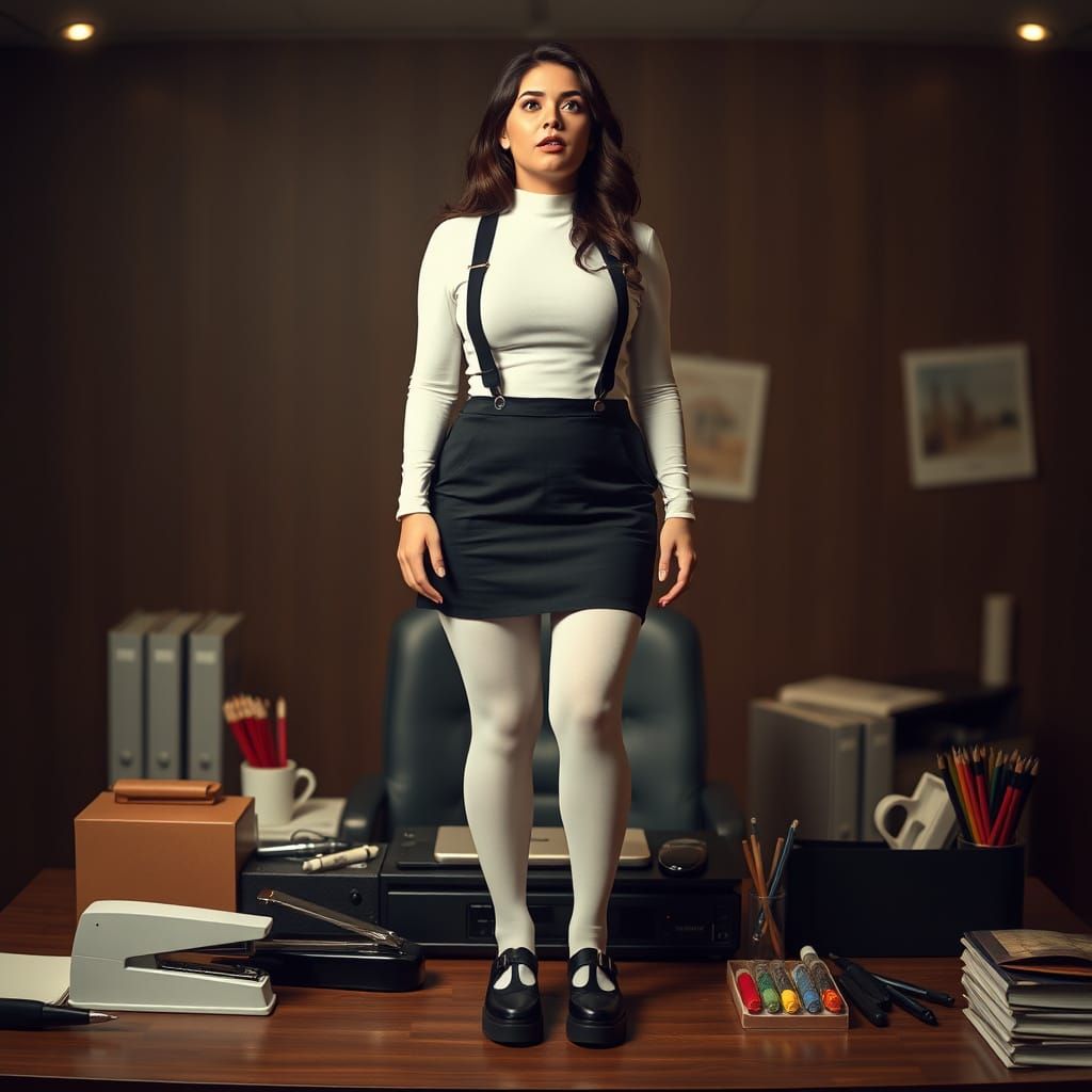 Stunning Curvy Woman Amidst Giant Office Supplies in Cinemat...