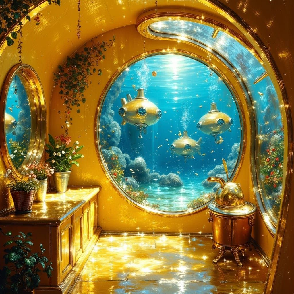 Cozy Submarine Home Amidst Vibrant Aquatic Life