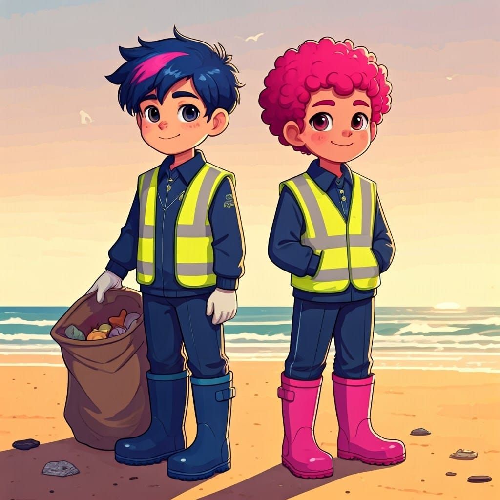 Boys on Beach Picking Up Litter, Eco-Conscious Art