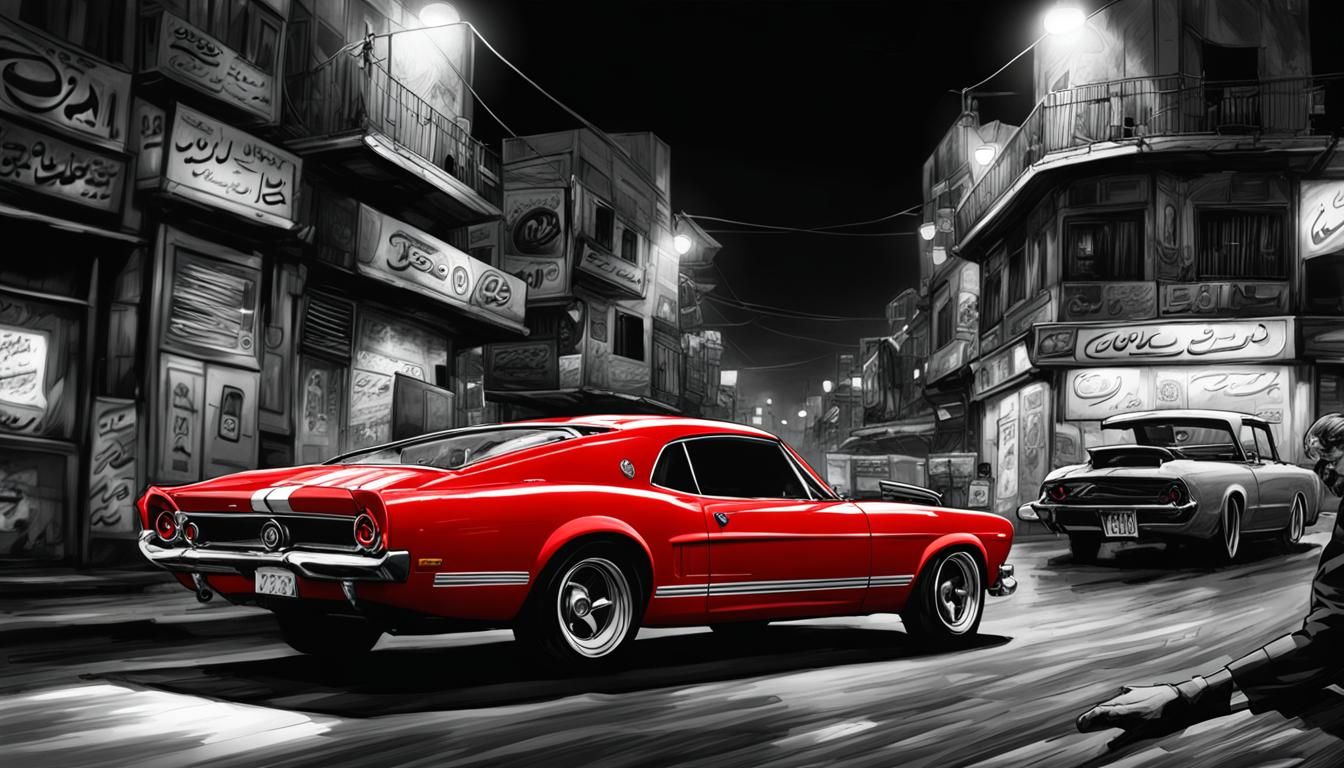 Striking Red Car in Black and White Iranian City